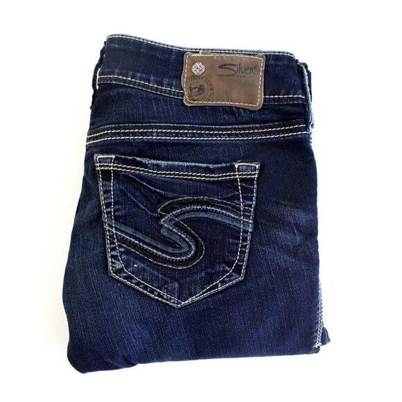 Silver Women Jeans Suki Mid Slim Bootcut Dark Saddle Stich Denim Blue Size 28x33 - Picture 1 of 15